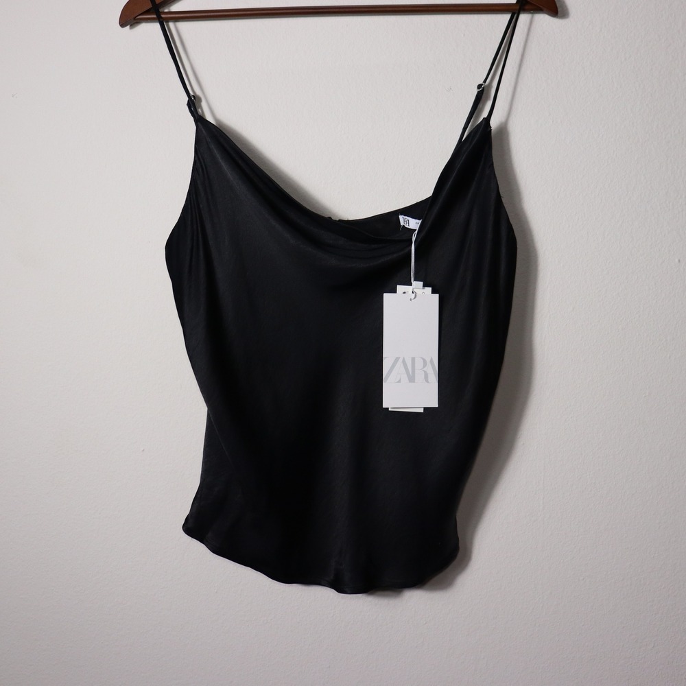Zara Black Satin Cowl Neck Camisole Top Adjustable Straps Button Back XL